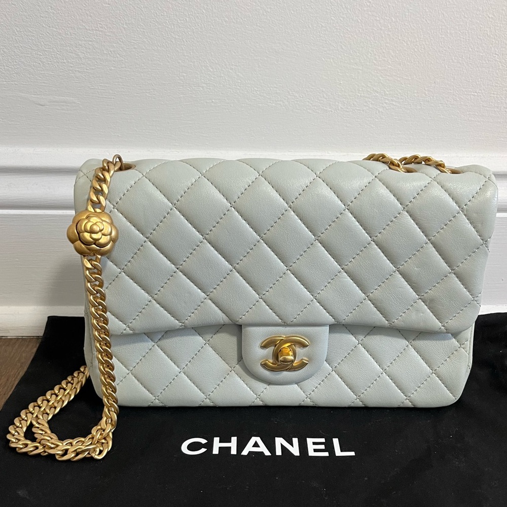 Chanel Sweet Camellia Flap Quilted Leather Crossbody Bag Light Blue